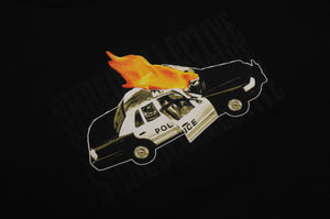 Black T-Shirt, Police car on fire, 'Fuck you'