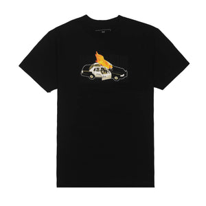Black T-Shirt, Police car on fire, 'Fuck you'