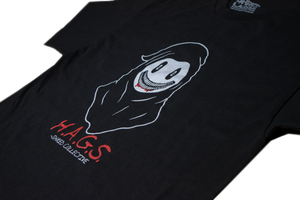 Black T-Shirt, H.A.G.S in red from shred collective, Reaper with blood in mouth