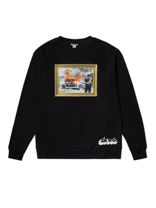 Black Long-sleeved Sweatshirt, Picture frame with a car on fire