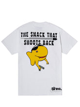 Load image into Gallery viewer, White T-Shirt, Back, The Snack that shoots back, Gangster goldfish holding a gun 