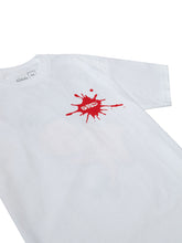 Load image into Gallery viewer, White T-Shirt, Front, Shred in bloodsplatter