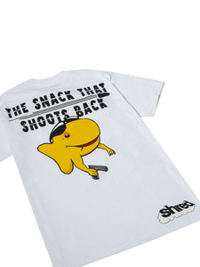 White T-Shirt, Back, The Snack that shoots back, Gangster goldfish holding a gun 