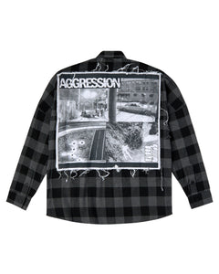 Aggression Patch, Gray and Black, Long-sleeved Flannel, Shred