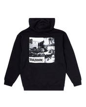 Load image into Gallery viewer, Black Hoodie, Traumatic scenes image on back