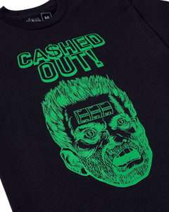 Black T-Shirt, Green Cashed Out text, Green Head