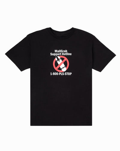 Black T-Shirt, MallGrab Support Hotline 1-800-PLS-STOP, No skateboards allowed
