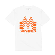 Load image into Gallery viewer, White T-Shirt, Trippy burger with WAB logo